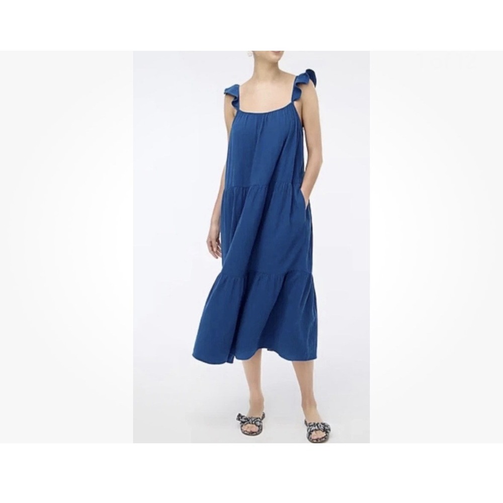 J Crew Ruffle Strap Cotton Gauze Tiered Maxi‎ Dress Blue XXL